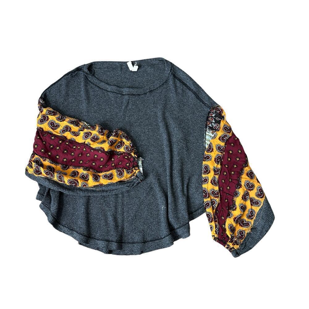 free people balloon sleeve boho knit gray top XS womens